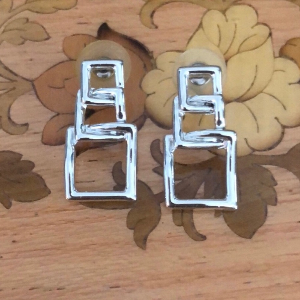 Vintage Silver Tone Triple Square Earrings